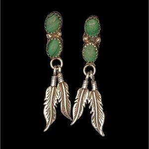 VTG Sterling Silver Green Malachite & Feather Earrings Pierced Signed EDE 925